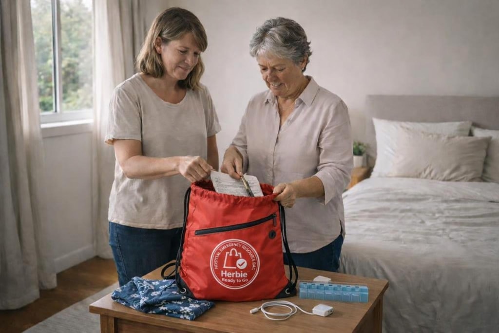 Two people packing the Herbie bag with medical information and essentials.