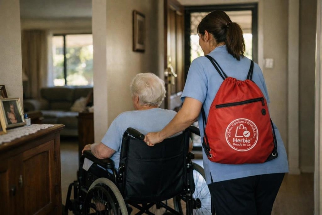 A carer wearing the Herbie bag while assisting someone in a wheelchair.